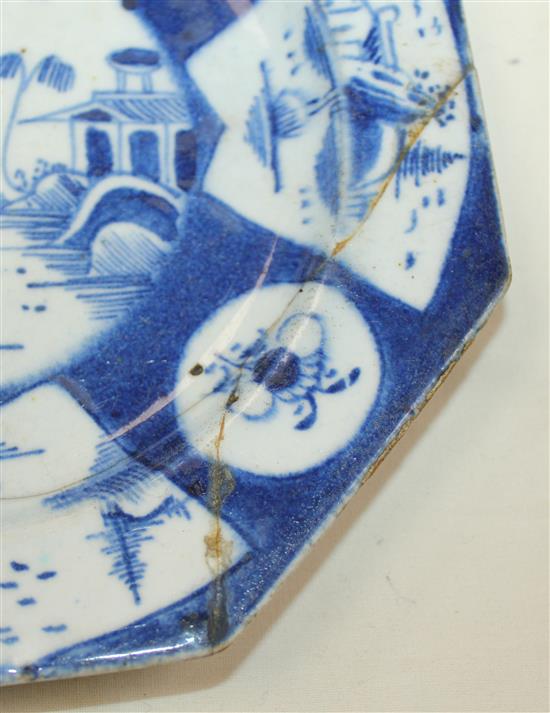 A pair of Bow powder blue ground octagonal plates and a similar smaller, c.1765, 7.75in. & 6.5in., smallest damaged
